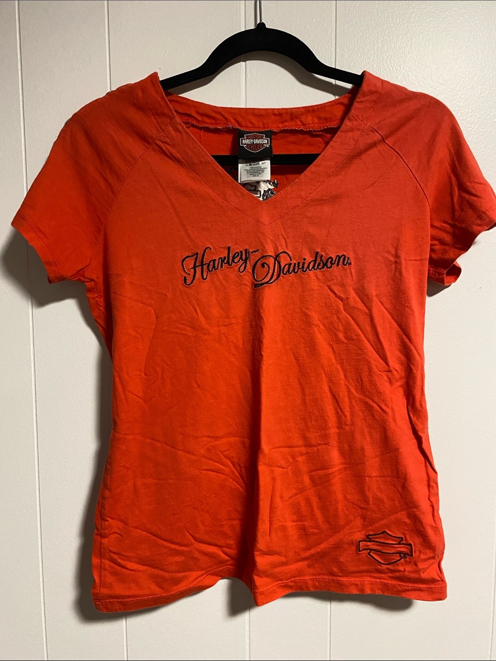 Harley-Davidson Orange V-Neck Logo Tee with Black Embroidery
